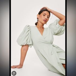 Sage Puff Sleeve Wrap Midi Dress